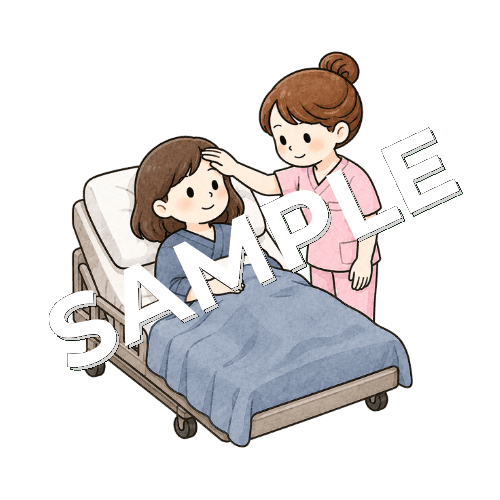 患者の額に手を当てて熱を確認する女性看護師のイラスト