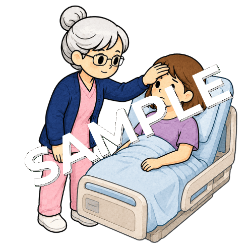 患者の額に手を当てて熱を確認するベテラン女性看護師のイラスト