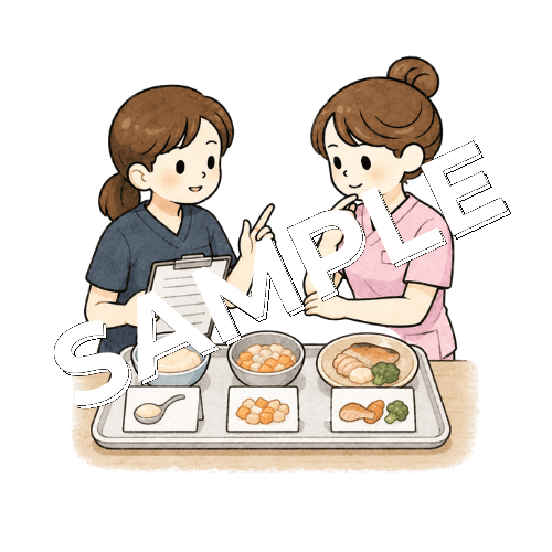 言語聴覚士と患者の食事形態のアップを相談する女性看護師のイラスト
