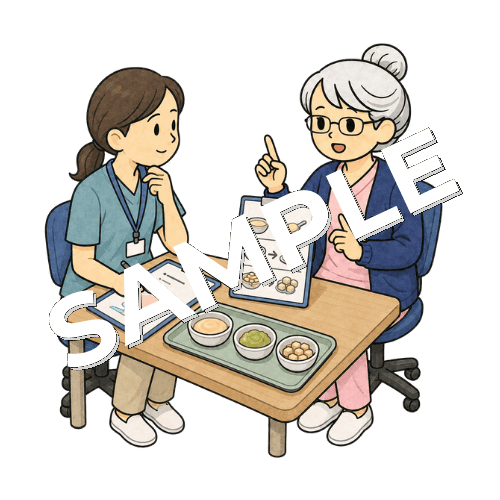 言語聴覚士と患者の食事形態のアップを相談するベテラン女性看護師のイラスト