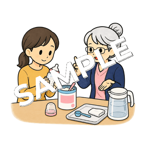 母親にミルクの調乳を教えるベテラン女性看護師のイラスト