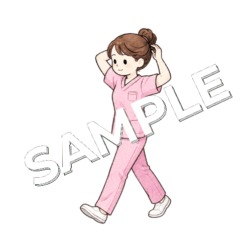 髪をまとめながら歩く女性看護師のイラスト