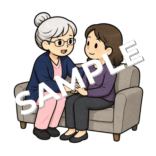 ソファに座っている患者の手を握って声をかけるベテラン女性看護師のイラスト
