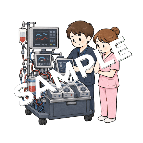 臨床工学技士と人工心肺装置を確認する女性看護師のイラスト
