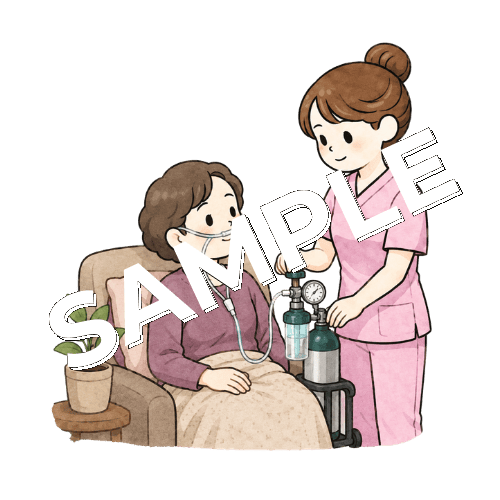 訪問先で患者の在宅酸素ボンベを確認する女性看護師のイラスト