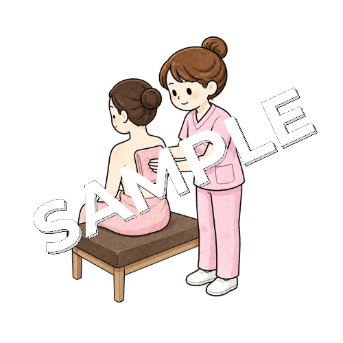 患者の背中にホットタオルを当てる女性看護師のイラスト