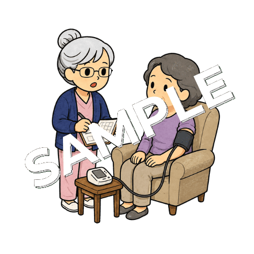 訪問先で患者の血圧手帳に記入するベテラン女性看護師のイラスト