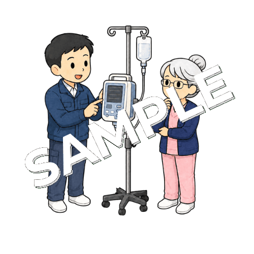 臨床工学技士から輸液ポンプの使い方の説明を受けるベテラン女性看護師のイラスト
