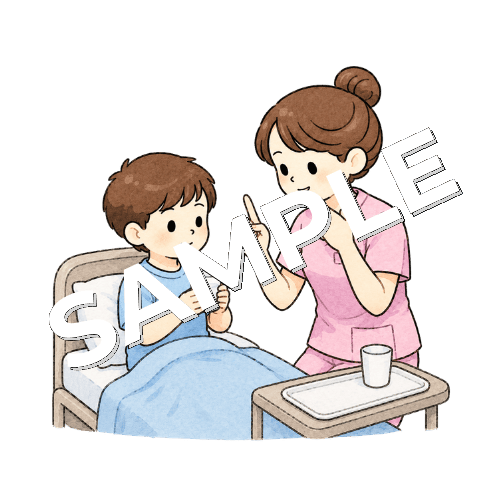 小児患者にむせない飲み方を指導する女性看護師のイラスト