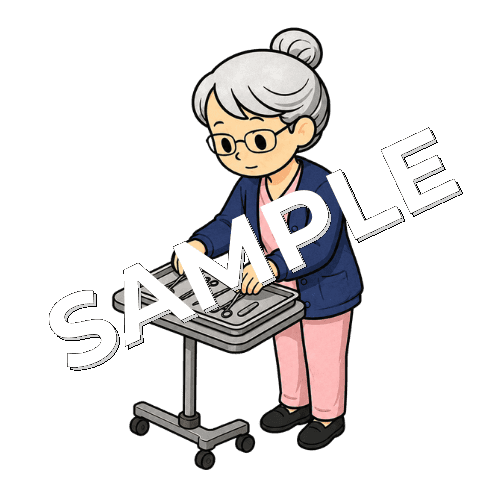 器具をトレーに並べるベテラン女性看護師のイラスト
