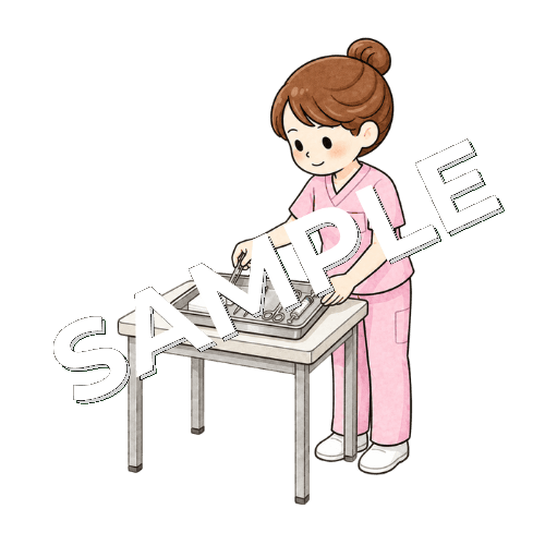 器具をトレーに並べる女性看護師のイラスト