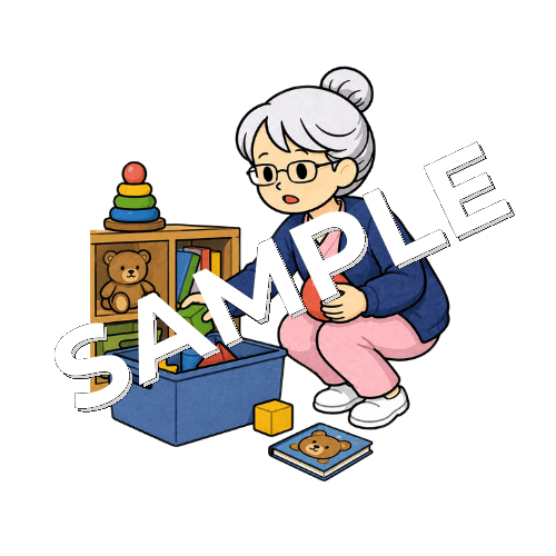 キッズスペースを片付けるベテラン女性看護師のイラスト