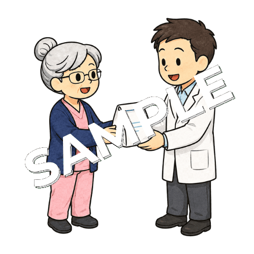 男性薬剤師に薬袋を手渡すベテラン女性看護師のイラスト