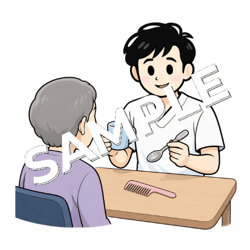 呼称訓練で実物を見せる男性言語聴覚士のイラスト