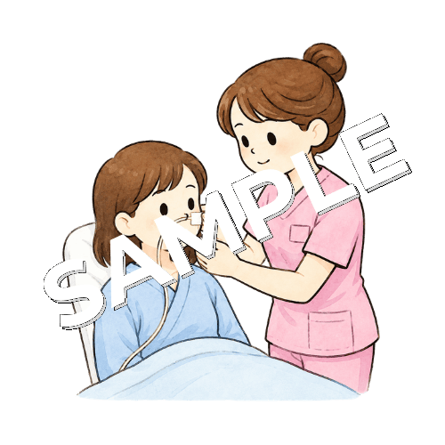 経鼻栄養チューブをテープで鼻に固定する女性看護師のイラスト