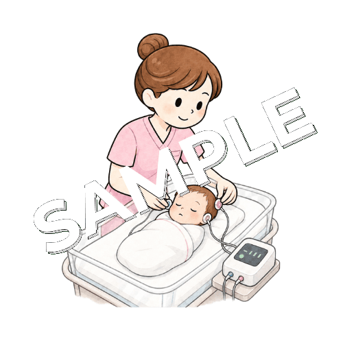新生児の聴覚スクリーニング検査をする女性看護師のイラスト