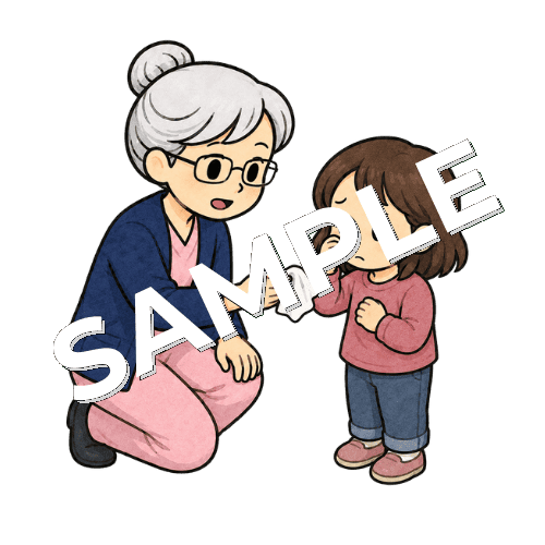 小児患者にティッシュを差し出すベテラン女性看護師のイラスト