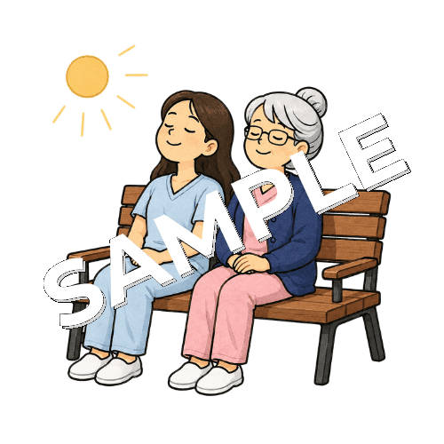 患者とベンチで日向ぼっこするベテラン女性看護師のイラスト