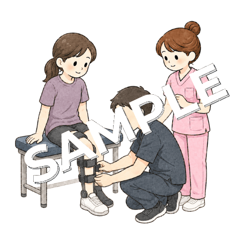 義肢装具士と患者の装具調整に立ち会う女性看護師のイラスト