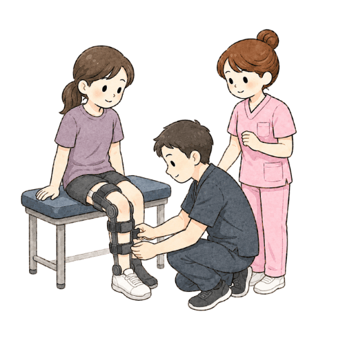義肢装具士と患者の装具調整に立ち会う女性看護師のイラスト｜フリー