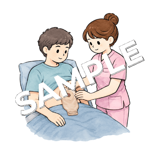 ストーマ用のパウチを患者のお腹に貼る女性看護師のイラスト