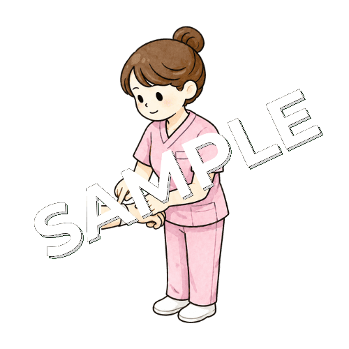 患者のリストバンドを確認する女性看護師のイラスト