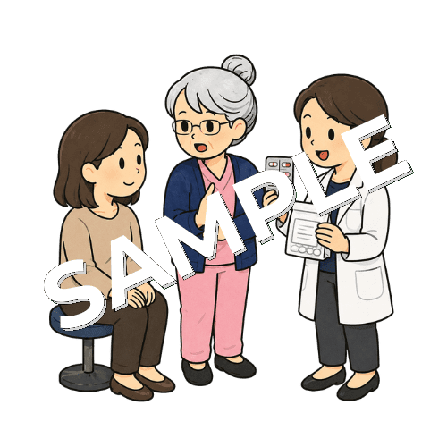 女性薬剤師と患者の薬について相談するベテラン女性看護師のイラスト