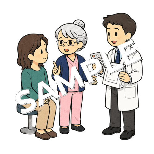 男性薬剤師と患者の薬について相談するベテラン女性看護師のイラスト