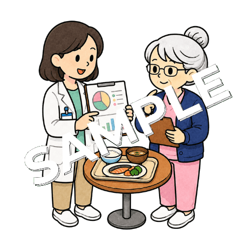 管理栄養士と患者の食事摂取量について相談するベテラン女性看護師のイラスト