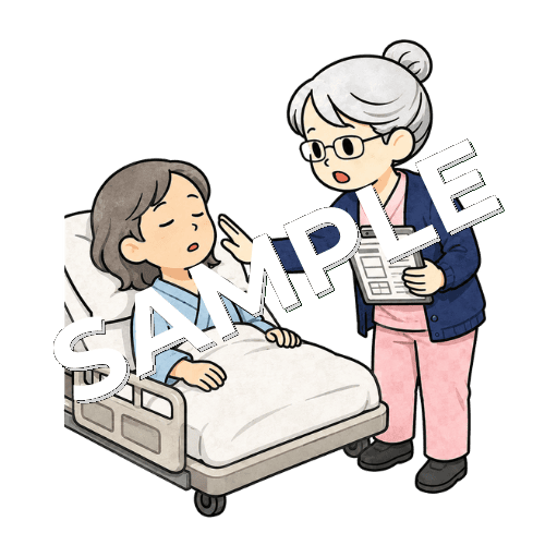患者のJCS（意識レベル）を評価するベテラン女性看護師のイラスト