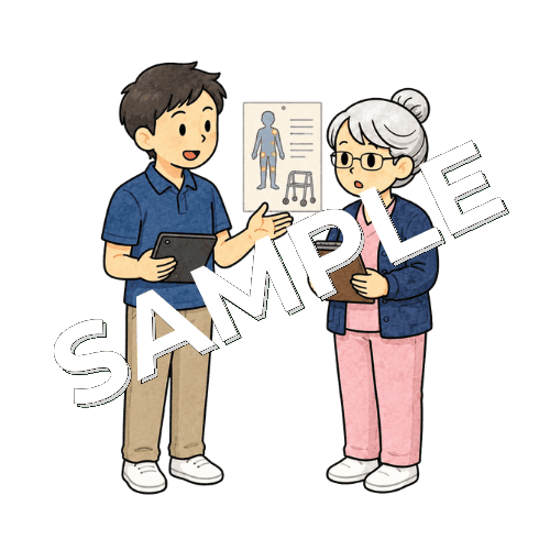 理学療法士から患者のADL状況を聞き取るベテラン女性看護師のイラスト