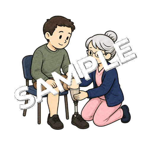 患者の義足の装着を手伝うベテラン女性看護師のイラスト