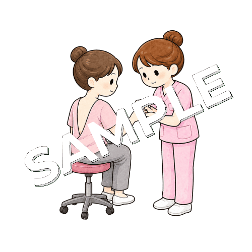 患者の爪の状態を観察している女性看護師のイラスト