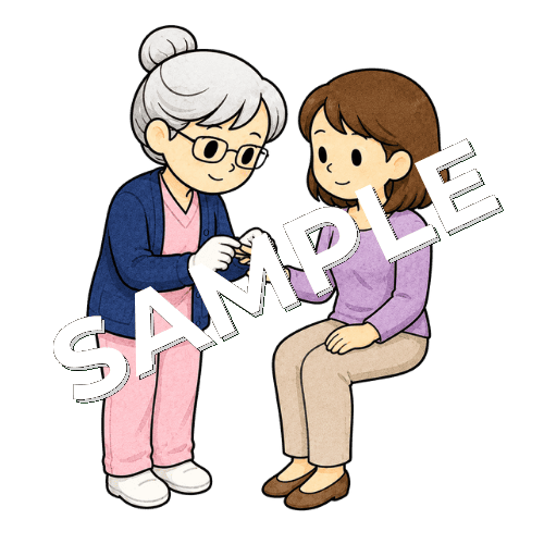 患者の爪の状態を観察しているベテラン女性看護師のイラスト