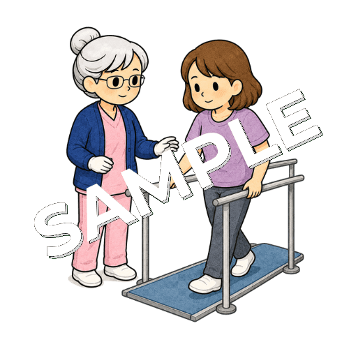 手すりを使って歩く患者を見守るベテラン女性看護師のイラスト