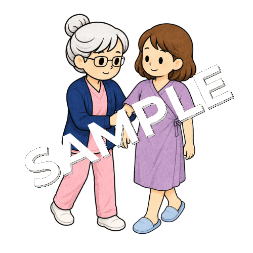 患者の腕を支えて歩くベテラン女性看護師のイラスト