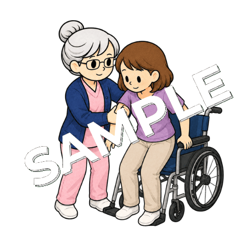 車椅子から立ち上がる患者を支えるベテラン女性看護師のイラスト