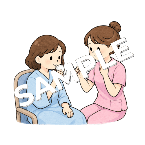 患者にむせない飲み方を指導する女性看護師のイラスト