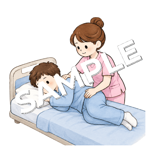 ベッドに寝ている患者の体を横向きにする女性看護師のイラスト