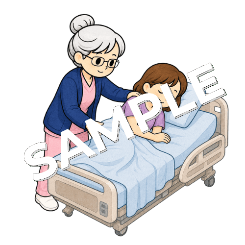 ベッドに寝ている患者の体を横向きにするベテラン女性看護師のイラスト