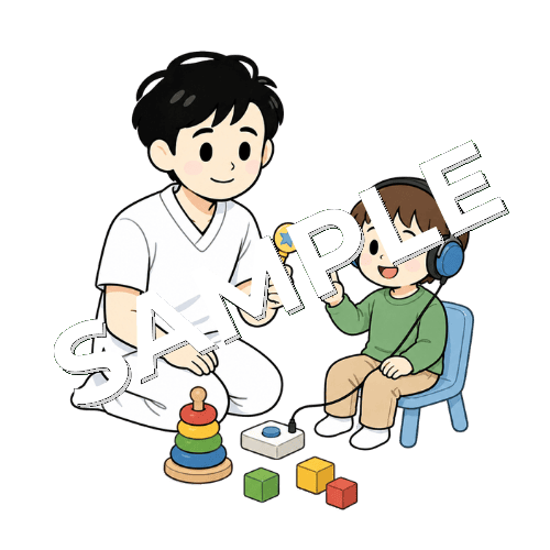 小児の遊戯聴力検査をする男性言語聴覚士のイラスト