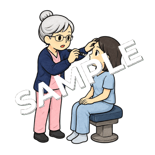 患者の瞳孔にペンライトを当てるベテラン女性看護師のイラスト