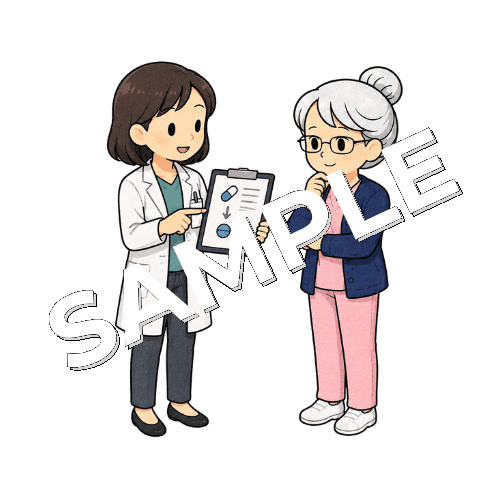 ベテラン女性看護師に薬の変更内容を伝える女性薬剤師のイラスト