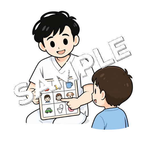 コミュニケーションボードを指さす男性言語聴覚士のイラスト