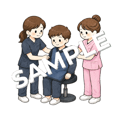 診療放射線技師と被曝防護のプロテクターを患者に着せる女性看護師のイラスト