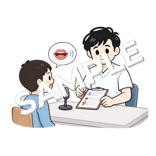 構音検査で患者の発話を記録する男性言語聴覚士のイラスト