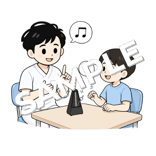 メトロノームを使ってリズム訓練をする男性言語聴覚士のイラスト