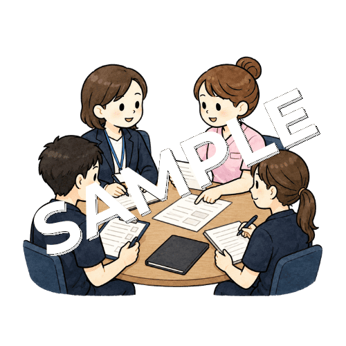 ケアマネジャーとサービス担当者会議に参加する女性看護師のイラスト