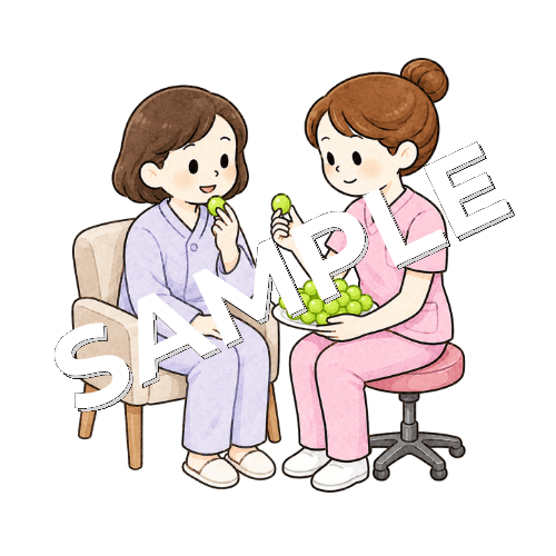 患者とシャインマスカットを食べる女性看護師のイラスト