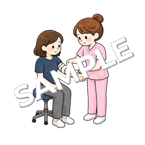 患者の腕にシーネを固定する女性看護師のイラスト